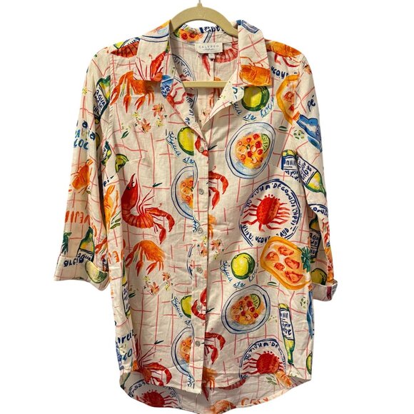 Calypso St. Barth Seafood Print Button-Up Shirt Sz L Linen & Rayon - Picture 1 of 12